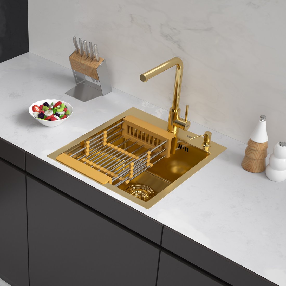 

Кухонная мойка ARFEKA Eco AR мойка 450*500, коландер, дозатор Gold