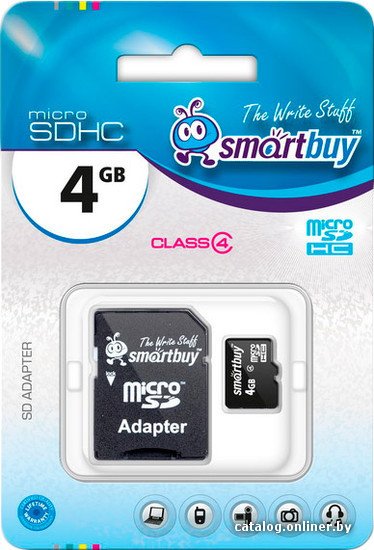 Карта памяти SmartBuy microSDHC (Class 4) 4 Гб + SD адаптер (SB4GBSDCL4-01)