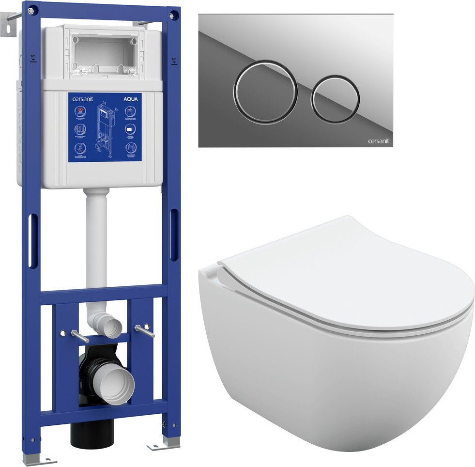 Унитаз подвесной Cersanit Brasko Slim 64824 + Aqua M 40 68177 с кнопкой Twins 63523 (кнопка хром глянцевый)