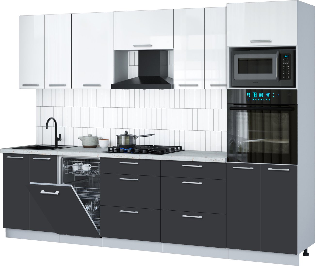 

Готовая кухня Интерлиния Мила Gloss 2.85-ПМ3 (пепел/белый глянец/серый каспий)