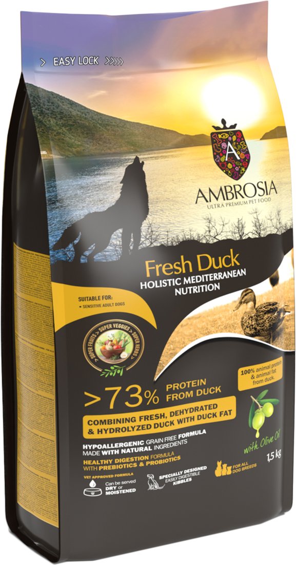 

Сухой корм для собак Ambrosia Mediterranean Adult All Breeds Fresh Duck (для всех пород со свежей уткой) 1.5 кг