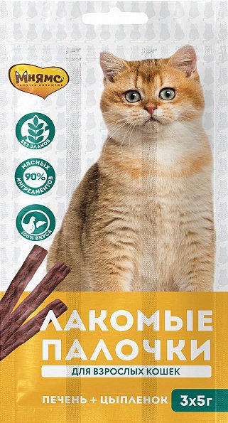 

Лакомство для кошек Мнямс Лакомые палочки с цыпленком и печенью 15 г (3 шт)