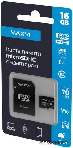 Карта памяти Maxvi microSDHC 16GB MSD16GBC10V10 (с адаптером)