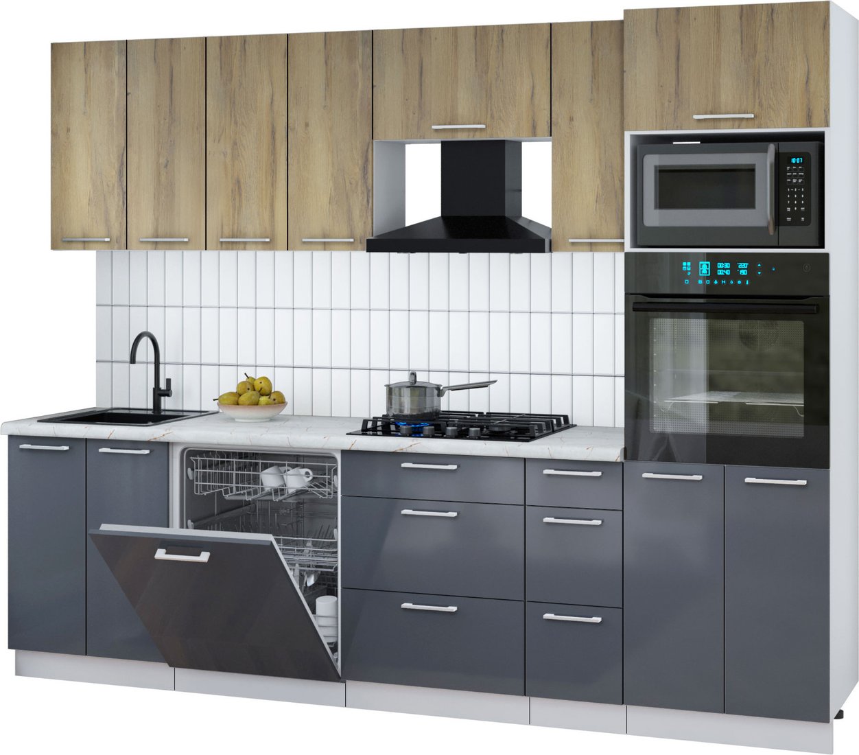 

Готовая кухня Интерлиния Мила Gloss 2.7-ПМ1 (асфальт глянец/дуб вотан/серый каспий)