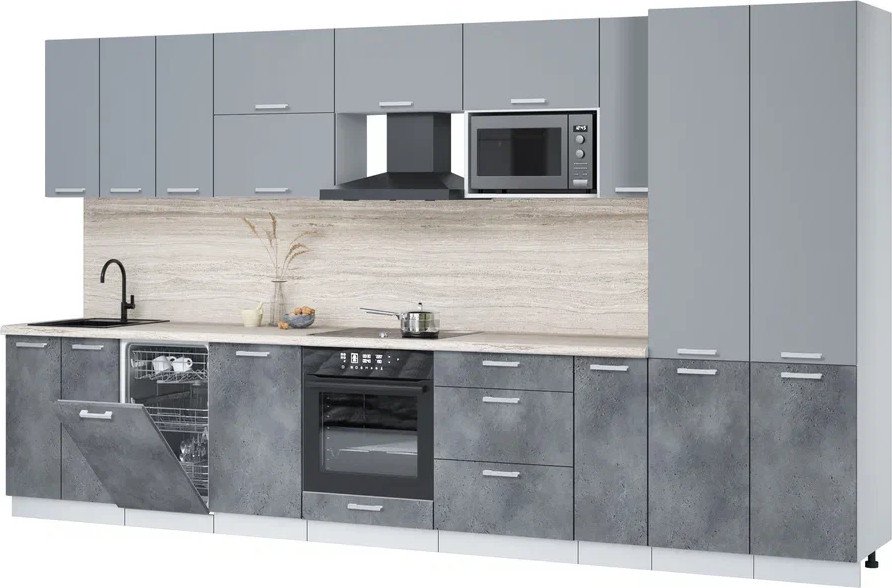 

Готовая кухня Интерлиния Мила Лайт 3.8-ПМ4 (серебро/бетон портленд/травертин серый)