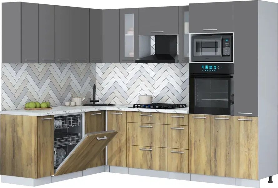 

Готовая кухня Интерлиния Мила Gloss 1.896х2.68 (дуб вотан/серый/белый гранит)