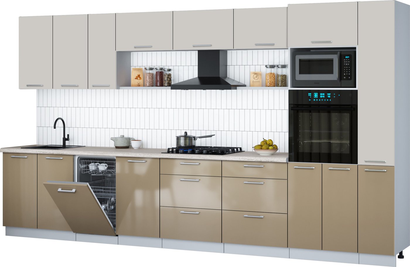 

Готовая кухня Интерлиния Мила Gloss 3.8-ПМ3 (капучино глянец/кашемир/травертин серый)