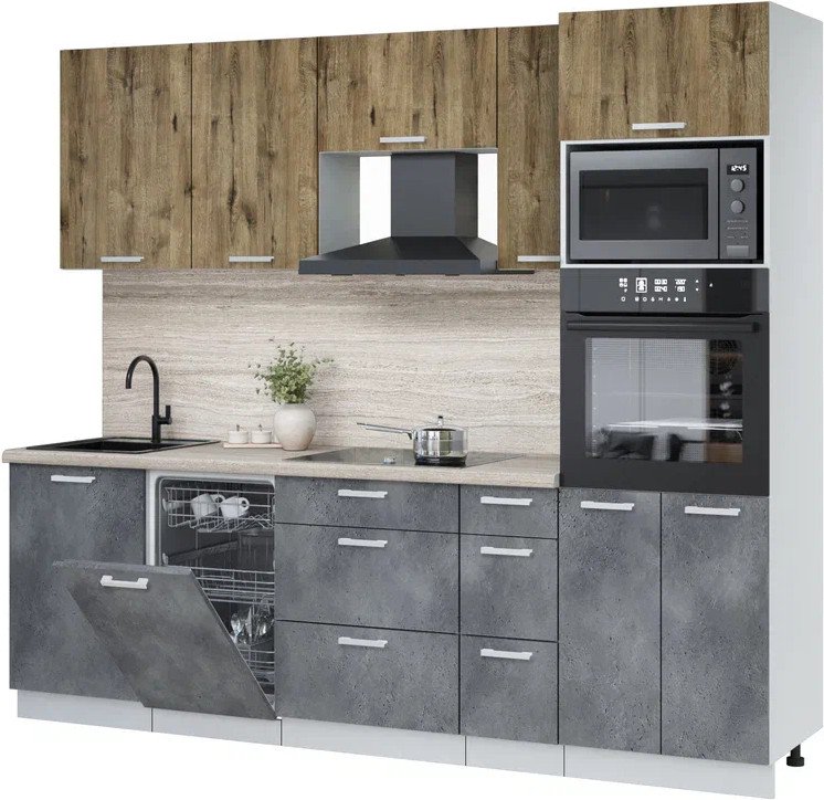 

Готовая кухня Интерлиния Мила Лайт 2.45-ПМ3 (дуб веллингтон/бетон портленд/травертин серый)