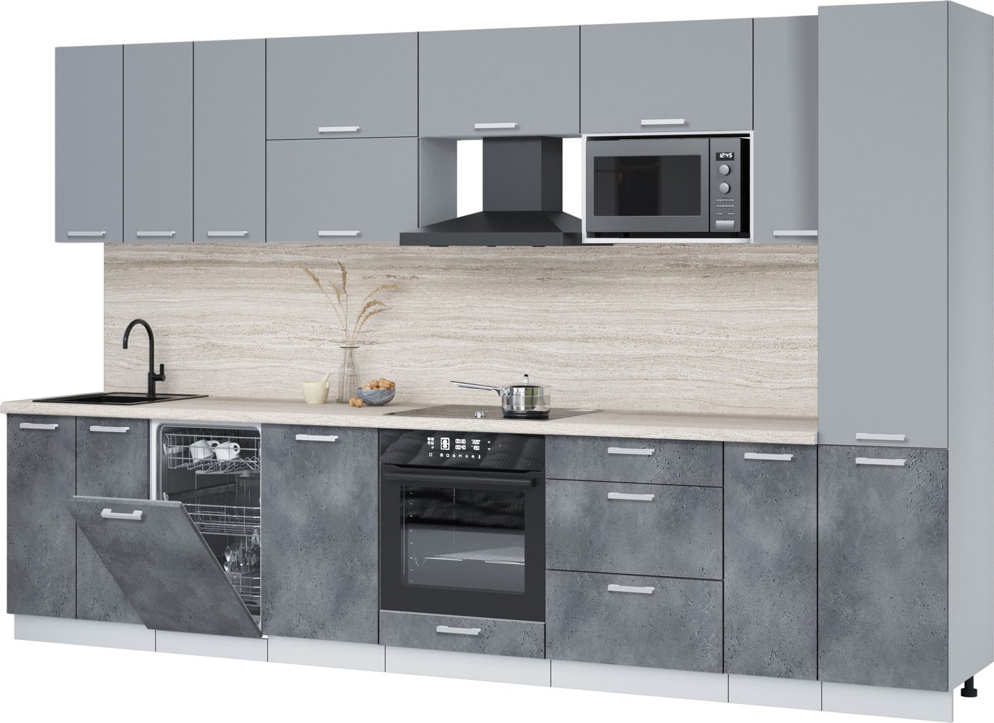 

Готовая кухня Интерлиния Мила Лайт 3.4-ПМ4 (серебро/бетон портленд/травертин серый)