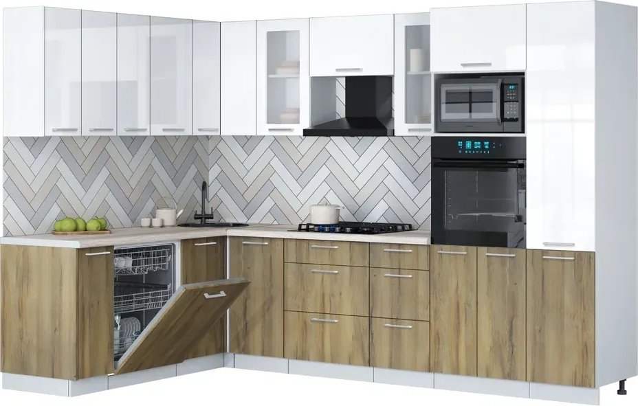 

Готовая кухня Интерлиния Мила Gloss 1.896х2.98 (дуб вотан/белый глянец/травертин серый)