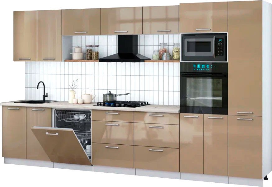 

Готовая кухня Интерлиния Мила Gloss 3.6-ПМ1 (капучино глянец/капучино глянец/бискайская сосна)