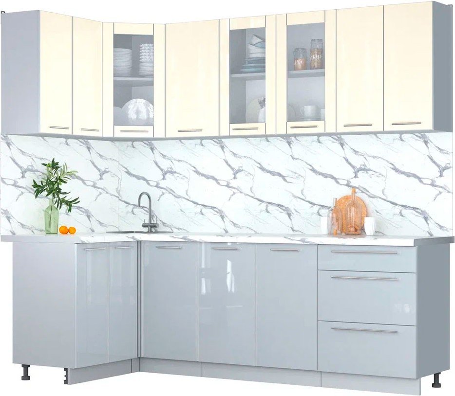 

Готовая кухня Интерлиния Мила Пластик 1.2x2.4 (ваниль/туманный глянец/белый гранит)