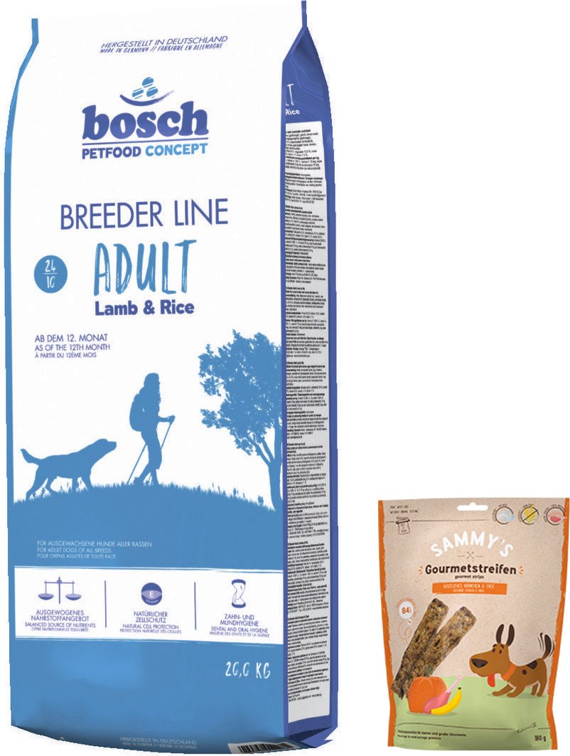 

Сухой корм для собак Bosch Breeder Lamb & Rice (ягненок с рисом) 20 кг + Sammy's Gourmet Strips с уткой и курицей 180 г