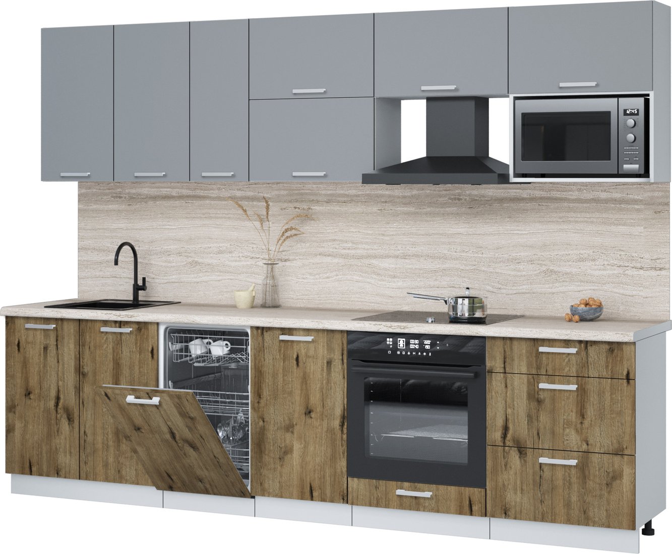 

Готовая кухня Интерлиния Мила Лайт 2.9-ПМ4 (серебро/дуб веллингтон/травертин серый)