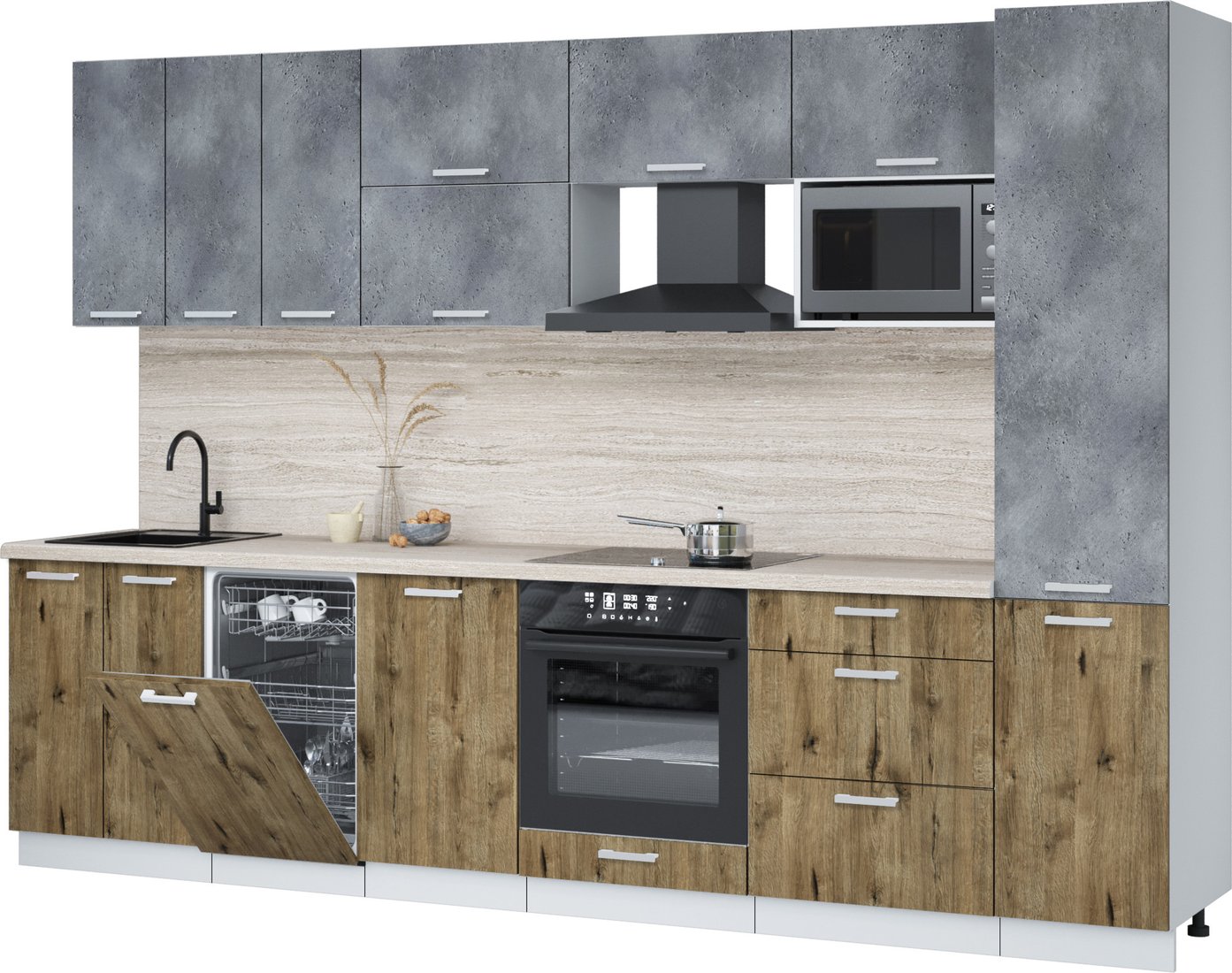 

Готовая кухня Интерлиния Мила Лайт 3.1-ПМ4 (бетон портленд/дуб веллингтон/травертин серый)