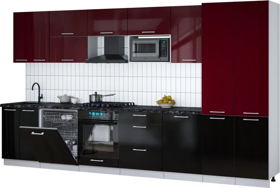 

Готовая кухня Интерлиния Мила Gloss 3.7-ПМ2 (черный глянец/бордовый глянец/кастилло темный)