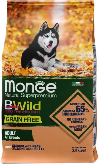 

Сухой корм для собак Monge BWild Grain Free All Breeds Adult Salmon with Peas (для всех пород с лососем и горохом) 2.5 кг