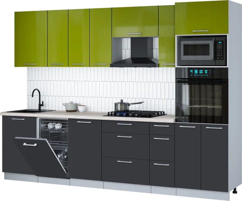 

Готовая кухня Интерлиния Мила Gloss 2.9-ПМ3 (пепел/яблоко глянец/травертин серый)