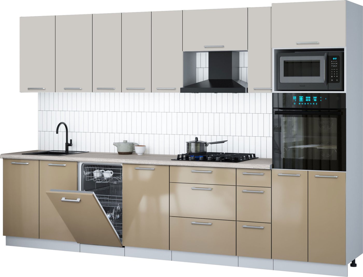 

Готовая кухня Интерлиния Мила Gloss 3.2-ПМ3 (капучино глянец/кашемир/травертин серый)