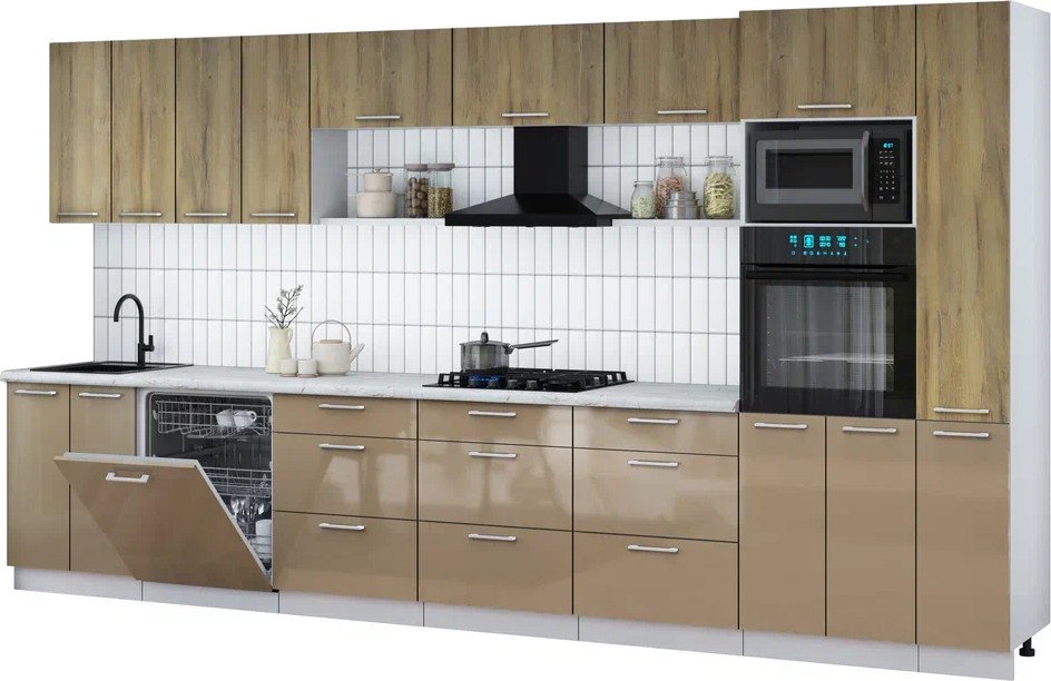 

Готовая кухня Интерлиния Мила Gloss 3.9-ПМ1 (капучино глянец/дуб вотан/серый каспий)