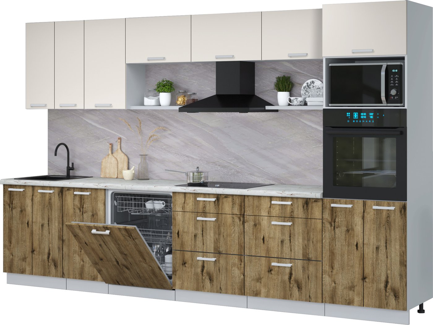 

Готовая кухня Интерлиния Мила Лайт 3.4-ПМ1-2 (персидский жемчуг/дуб веллингтон/серый каспий)