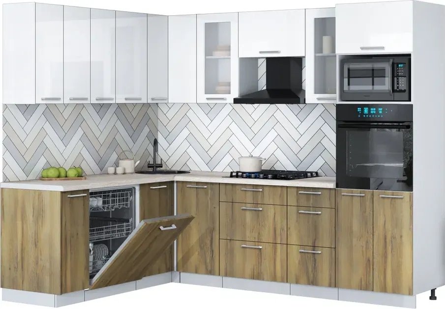 

Готовая кухня Интерлиния Мила Gloss 1.896х2.58 (дуб вотан/белый глянец/травертин серый)