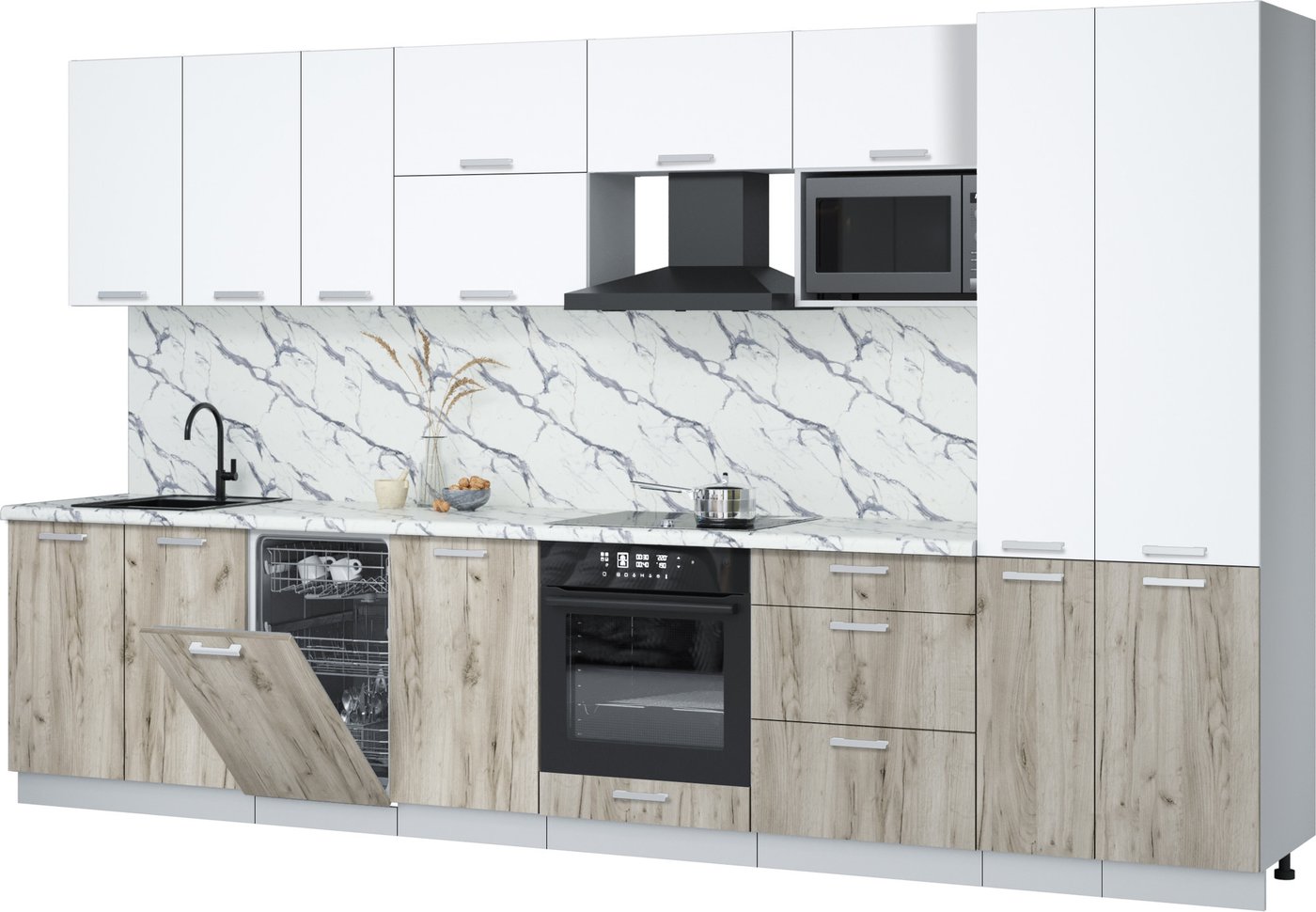 

Готовая кухня Интерлиния Мила Лайт 3.6-ПМ4 (белый платинум/дуб серый/белый гранит)