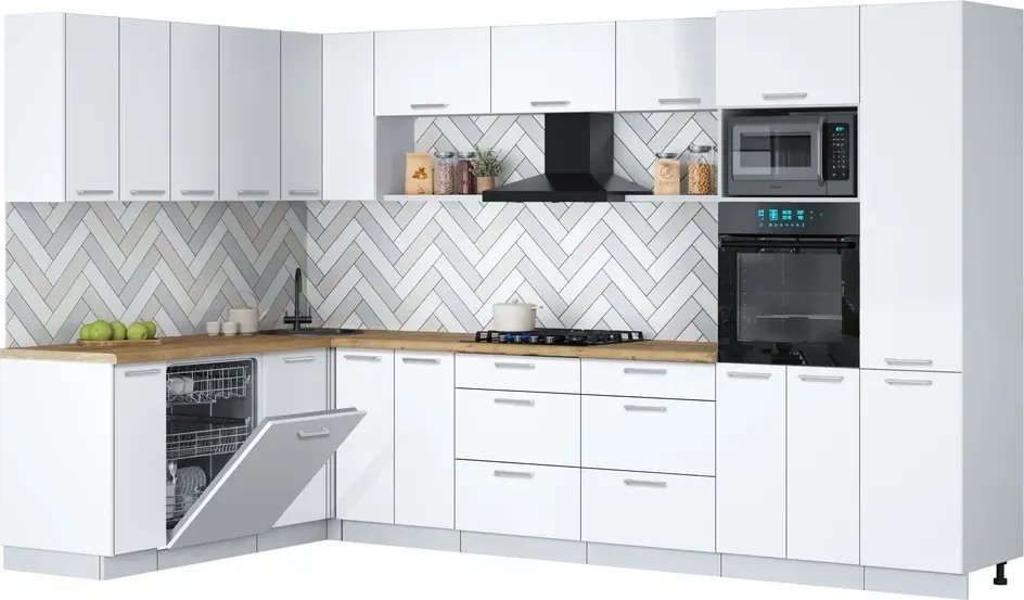 Готовая кухня Интерлиния Мила Gloss 1.896х3.38 (белый/белый/дуб бунратти)