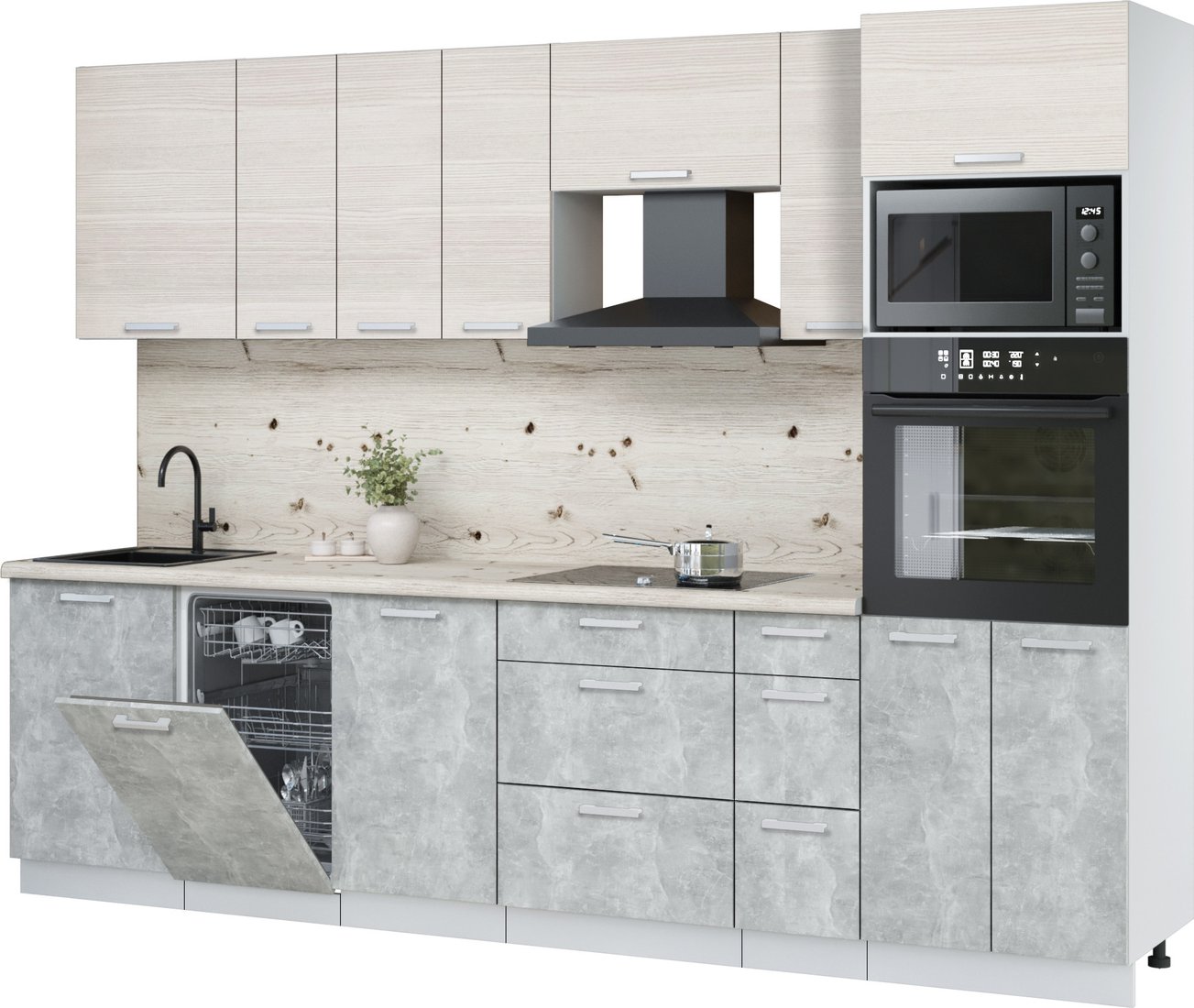 

Готовая кухня Интерлиния Мила Лайт 2.9-ПМ3 (вудлайн кремовый/бетон/бискайская сосна)