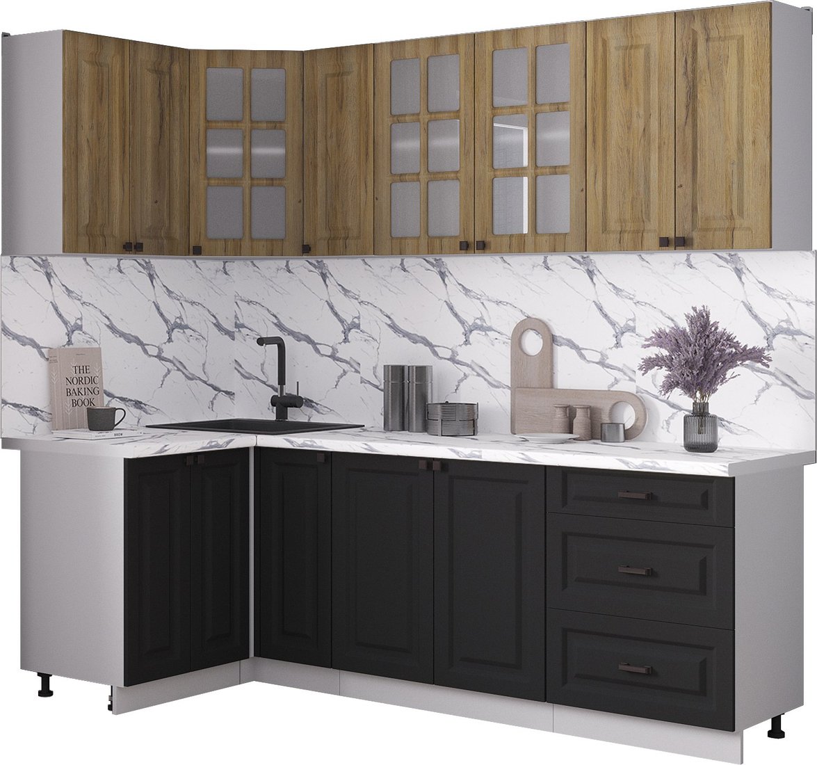 

Готовая кухня Интерлиния Мила Деко 1.2x2.3 (черный/дуб вотан/белый гранит)