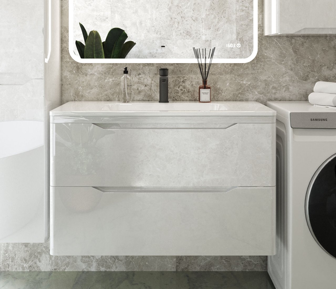 

Symbolite Тумба под умывальник Марелла 90 Люкс Plus 2 ящика + Марелла Люкс 90х40 (подвесная, белый глянец)