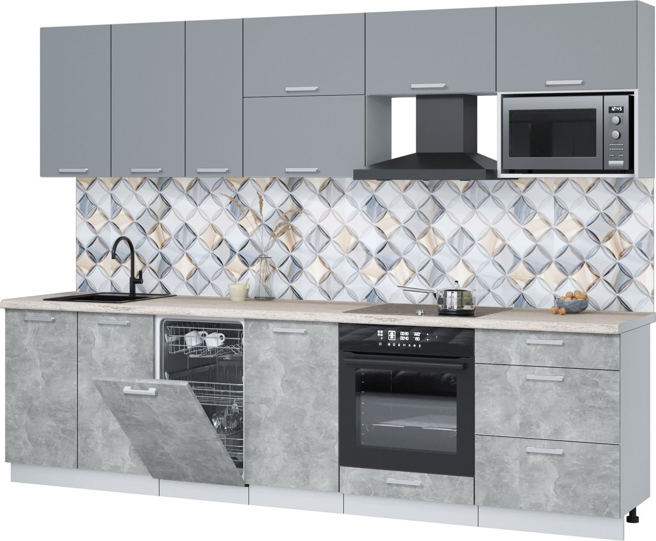 

Готовая кухня Интерлиния Мила Лайт 2.9-ПМ4 (серебро/бетон/травертин серый)