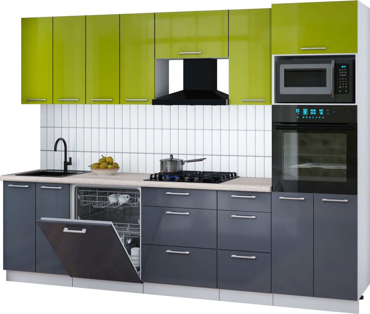 

Готовая кухня Интерлиния Мила Gloss 2.8-ПМ1 (асфальт глянец/яблоко глянец/травертин серый)