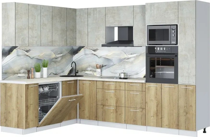 

Готовая кухня Интерлиния Мила Лайт 1.896х2.88 (бетон лайт/дуб золотой/опал светлый)