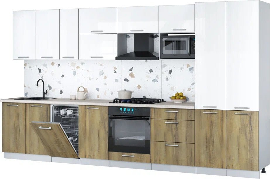 

Готовая кухня Интерлиния Мила Gloss 3.7-ПМ4 (дуб вотан/белый глянец/травертин серый)