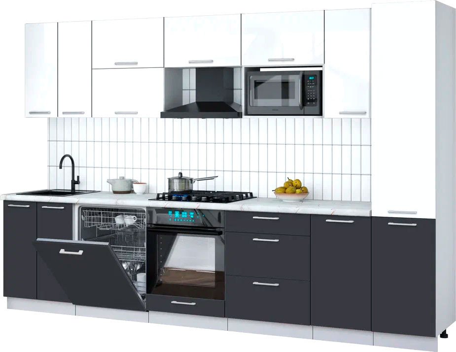 

Готовая кухня Интерлиния Мила Gloss 3.2-ПМ2 (пепел/белый глянец/серый каспий)