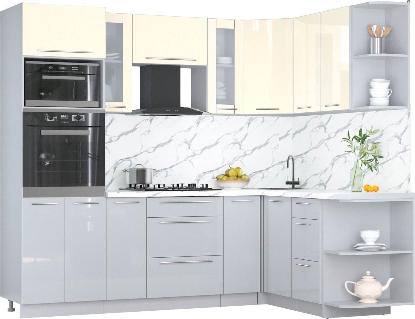 

Готовая кухня Интерлиния Мила Пластик 1.68x2.4 PR (ваниль глянец/туманный глянец/белый гранит)