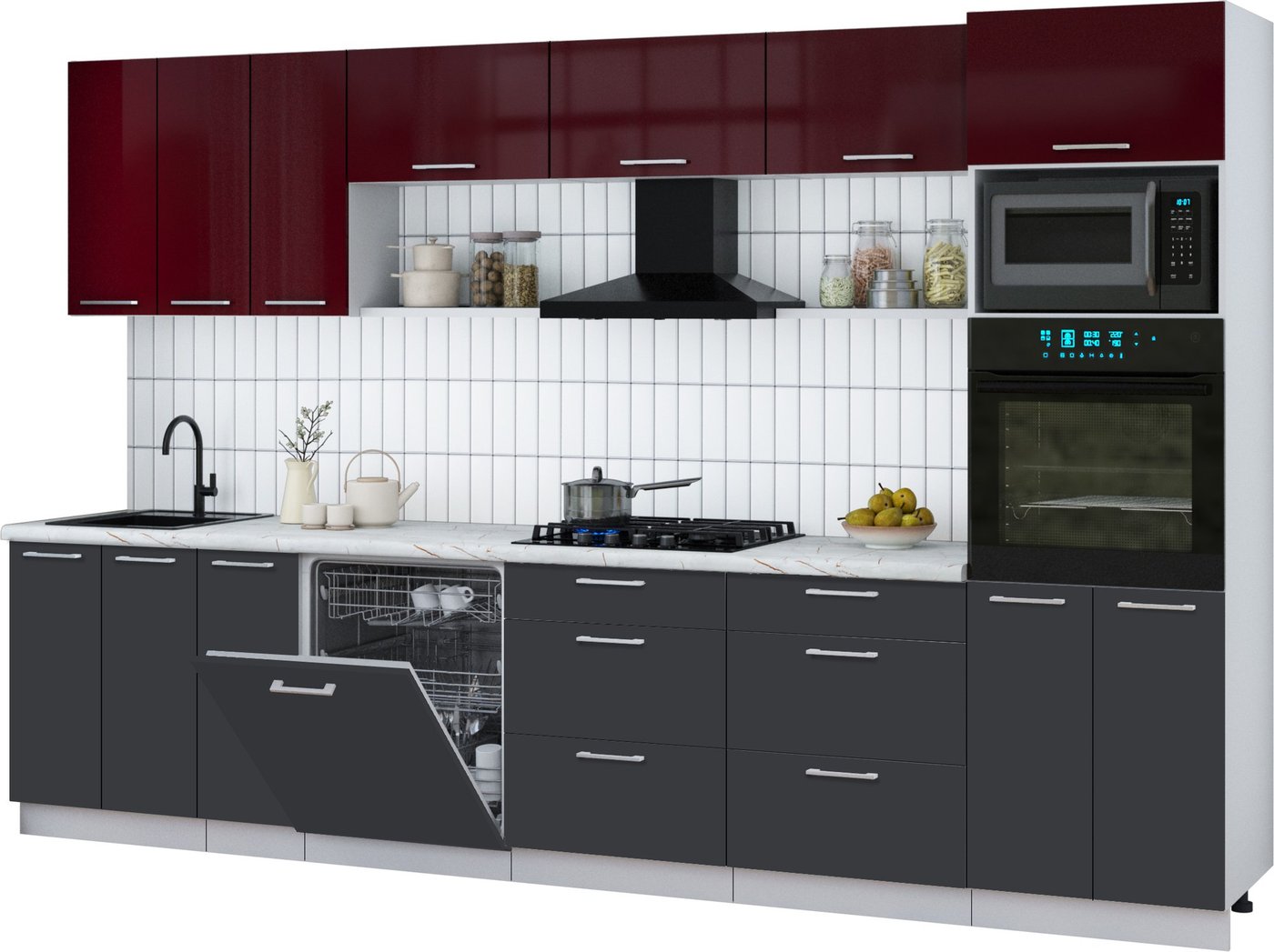 

Готовая кухня Интерлиния Мила Gloss 3.3-ПМ1-2 (пепел/бордовый глянец/серый каспий)