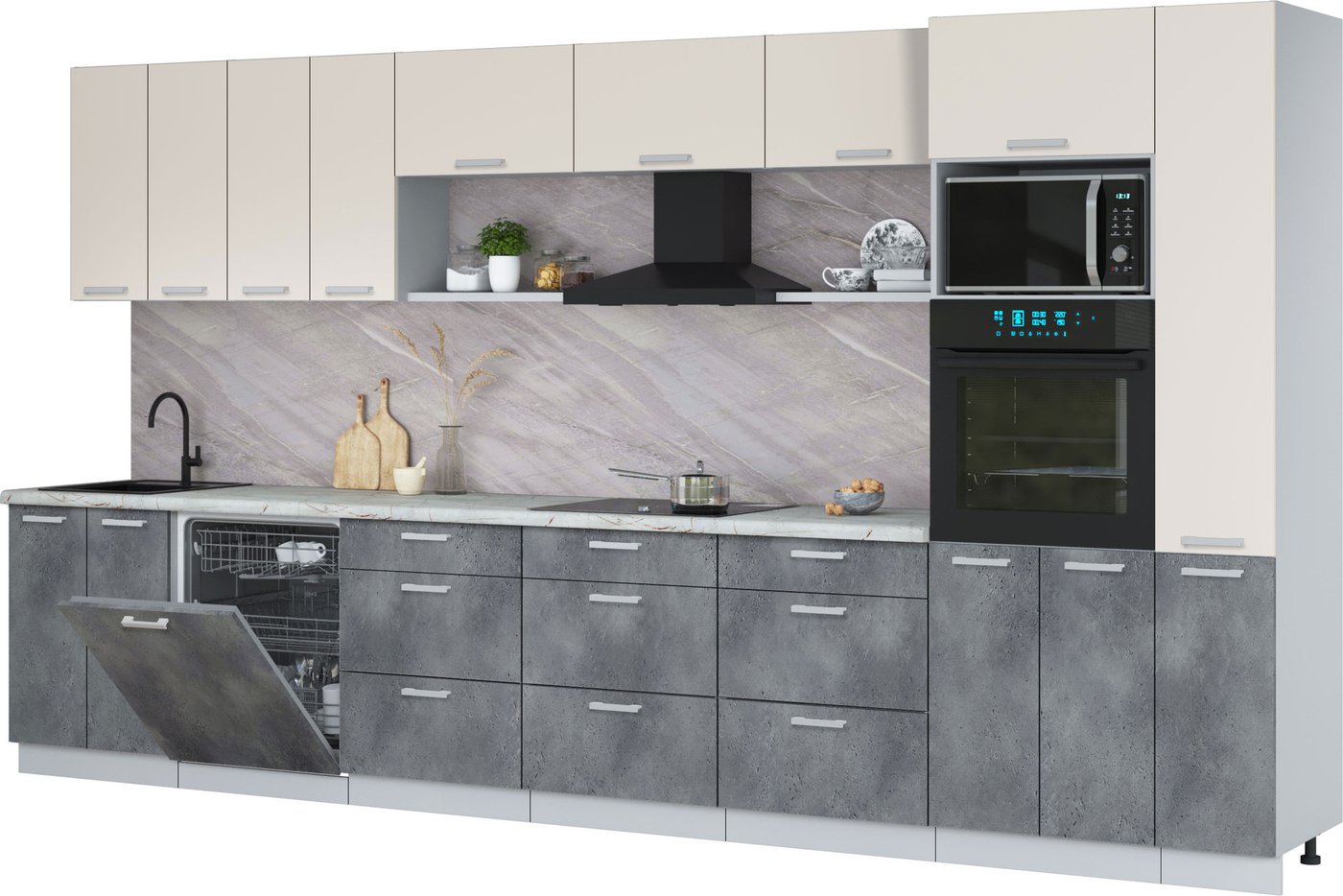 

Готовая кухня Интерлиния Мила Лайт 3.9-ПМ1 (персидский жемчуг/бетон портленд/серый каспий)