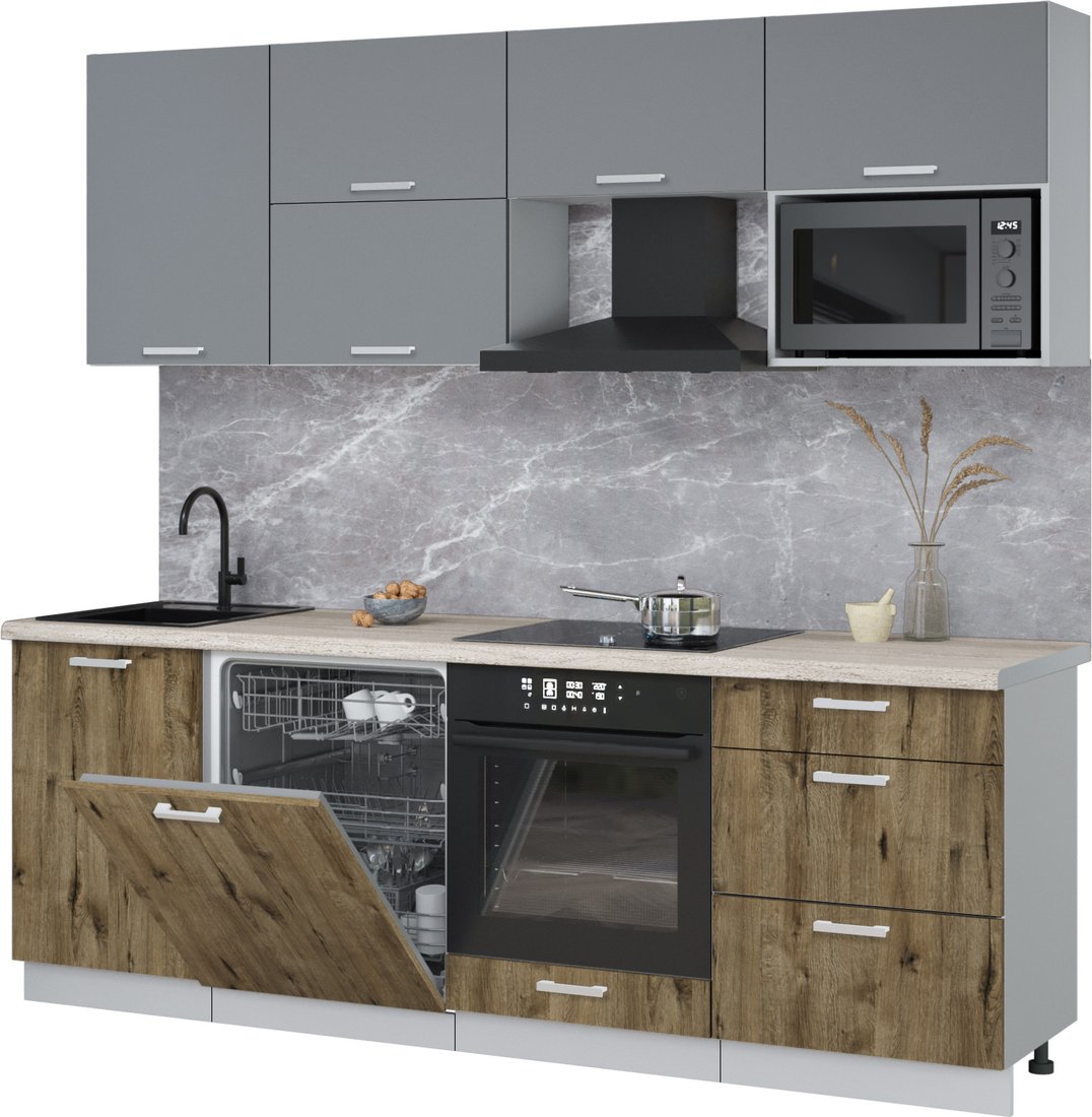 

Готовая кухня Интерлиния Мила Лайт 2.3-ПМ2 (серебро/дуб веллингтон/травертин серый)