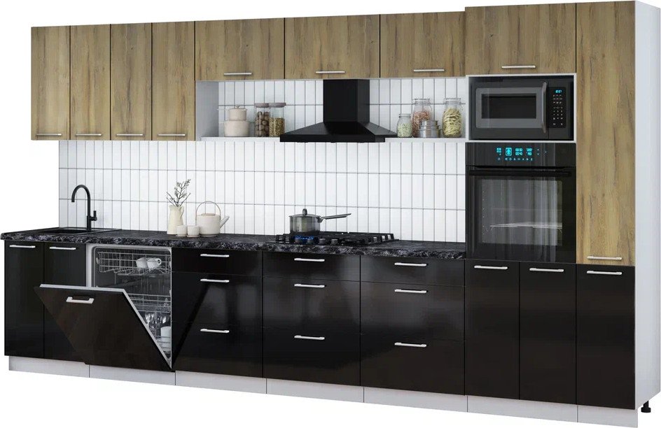 

Готовая кухня Интерлиния Мила Gloss 3.9-ПМ1 (черный глянец/дуб вотан/кастилло темный)