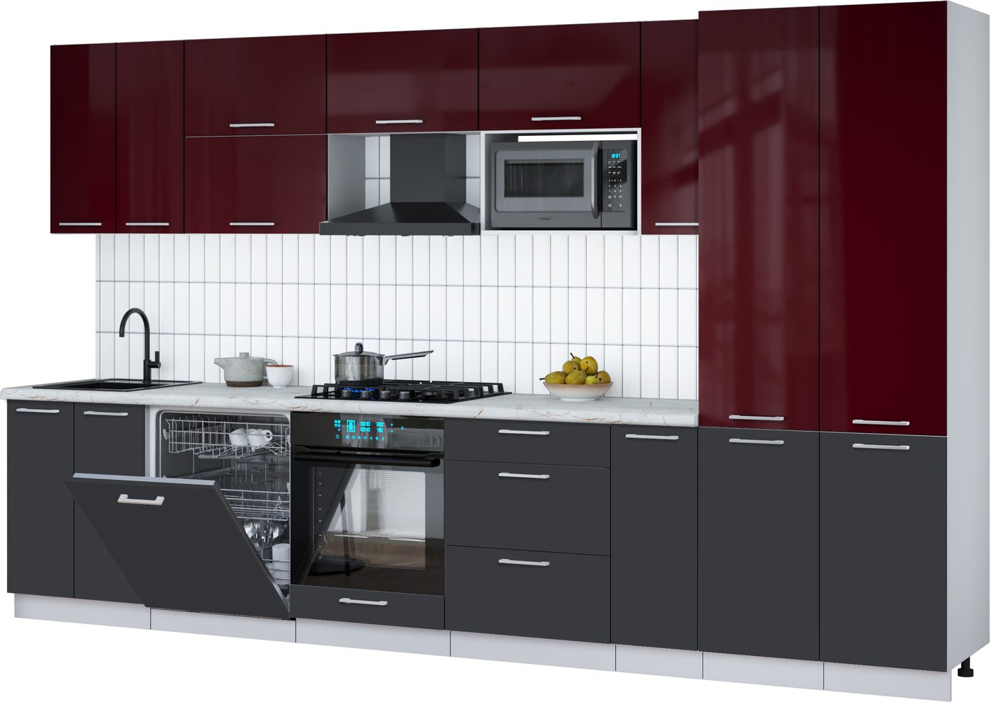 

Готовая кухня Интерлиния Мила Gloss 3.5-ПМ2 (пепел/бордовый глянец/серый каспий)