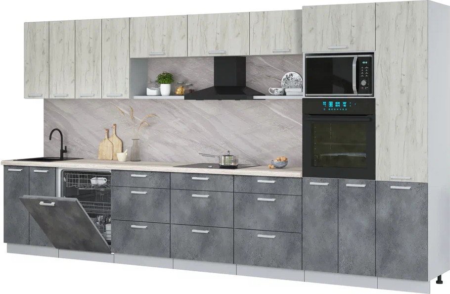 

Готовая кухня Интерлиния Мила Лайт 4.0-ПМ1 (дуб белый/бетон портленд/травертни)