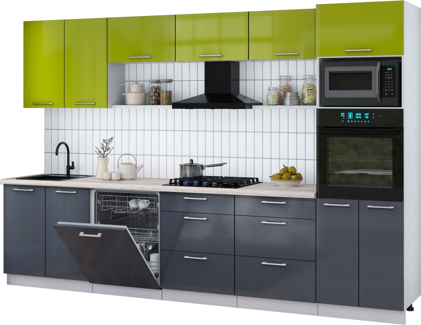 

Готовая кухня Интерлиния Мила Gloss 3.2-ПМ1 (асфальт глянец/яблоко глянец/травертин серый)