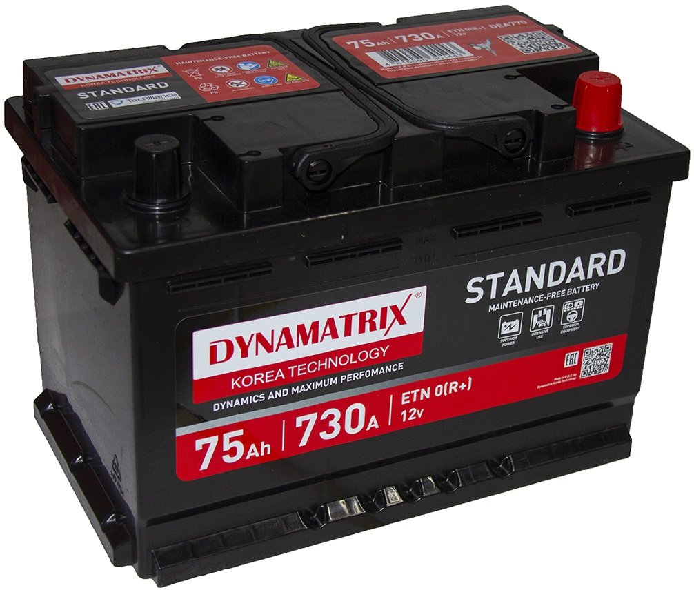 

Автомобильный аккумулятор Dynamatrix Standard R+ 730A (75 А·ч)