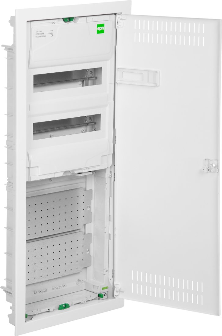 

Бокс пластиковый Elektro-Plast MSF TWIN RP комбинированный, 2*12M+2xМП перф., N/PE-шинки, 1xSCHUKO, мет. дверь, белый RAL9016, 358x853x94mm, IP30