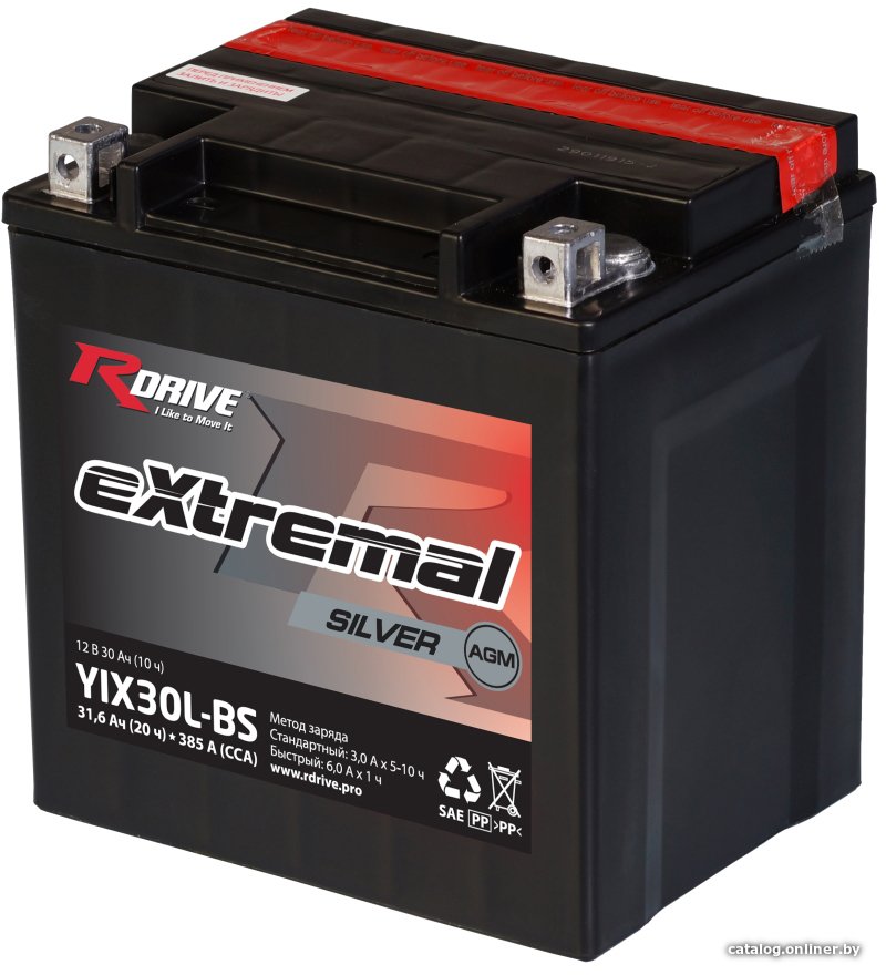 Мотоциклетный аккумулятор RDrive eXtremal Silver YIX30L-BS (31.6 А·ч)