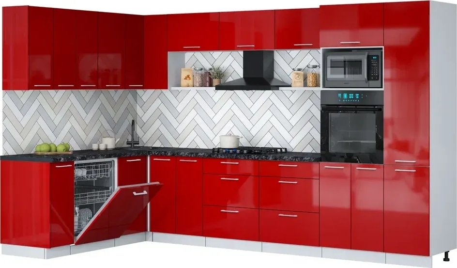 

Готовая кухня Интерлиния Мила Gloss 1.896х3.38 (красный глянец/красный глянец/кастилло темный)