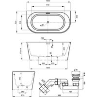 Ванна Wellsee Excellence Pro 150x73 28760201R (пристенная ванна белый глянец, экран, ножки, сифон-автомат хром)