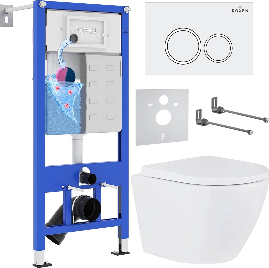 

Унитаз подвесной Roxen Antares в комплекте с инсталляцией StounFix Dual Fresh 6 в 1 501501 (кнопка: белый глянец)